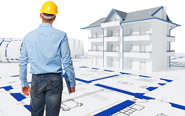 standing worker back view and 3d house